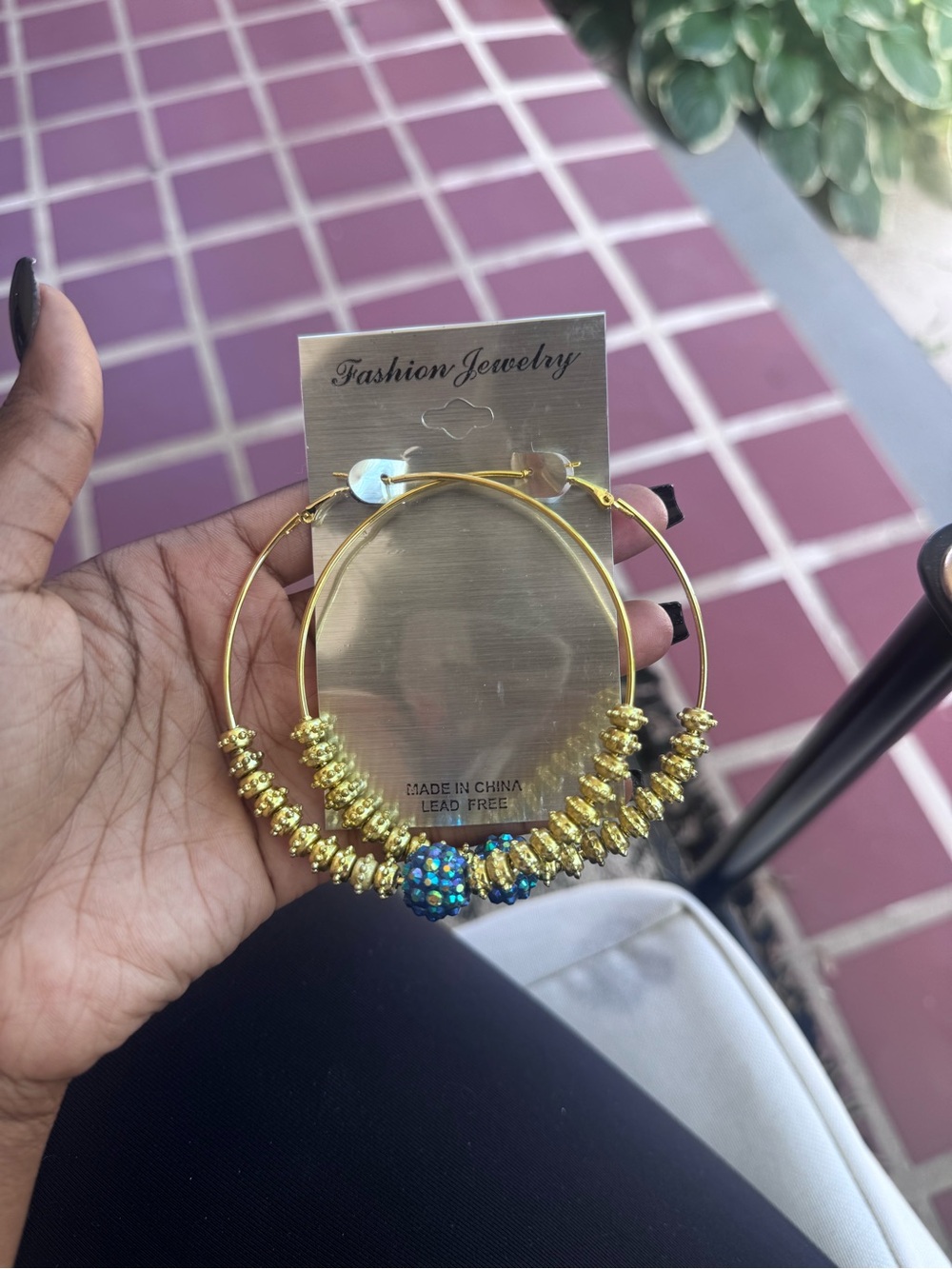 Fashion Jewelry Gold Hoop Earrings with Blue Beaded Accent and Gold Spacers